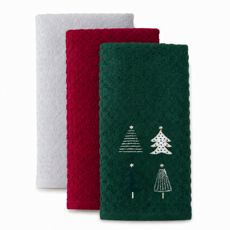 Velosso Xmas Trees 3 Pack Cotton Christmas Embroidered Tea Towels