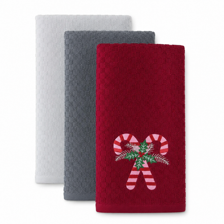 Velosso Candy Canes 3 Pack Cotton Christmas Embroidered Tea Towels