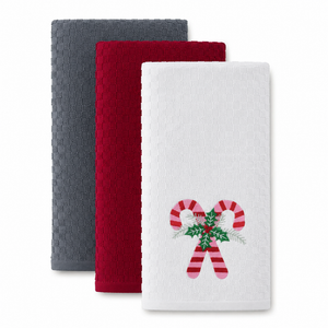 Velosso Candy Canes 3 Pack Cotton Christmas Embroidered Tea Towels