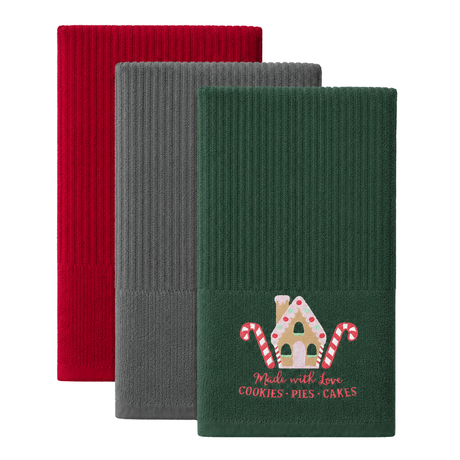 Velosso Ginegerbread House 3 Pack Cotton Christmas Embroidered Tea Towels