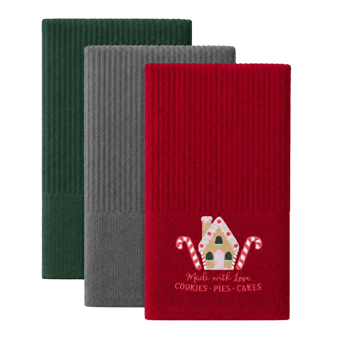 Velosso Ginegerbread House 3 Pack Cotton Christmas Embroidered Tea Towels