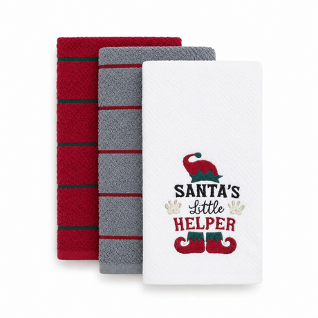 Velosso Santas Little Helper 3 Pack Cotton Christmas Embroidered Tea Towels