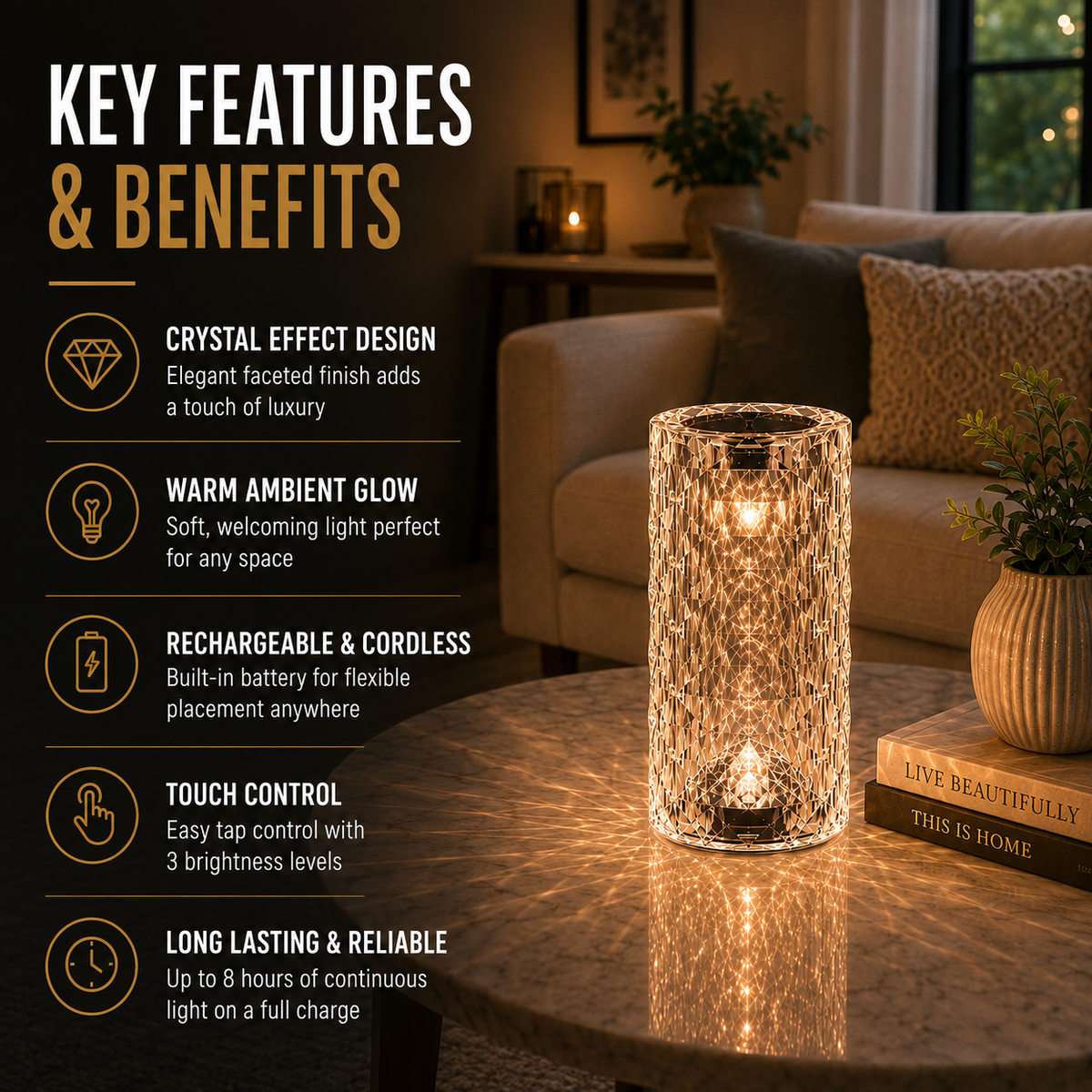 Home Republic Chargeable Crystal Effect Table Lamps