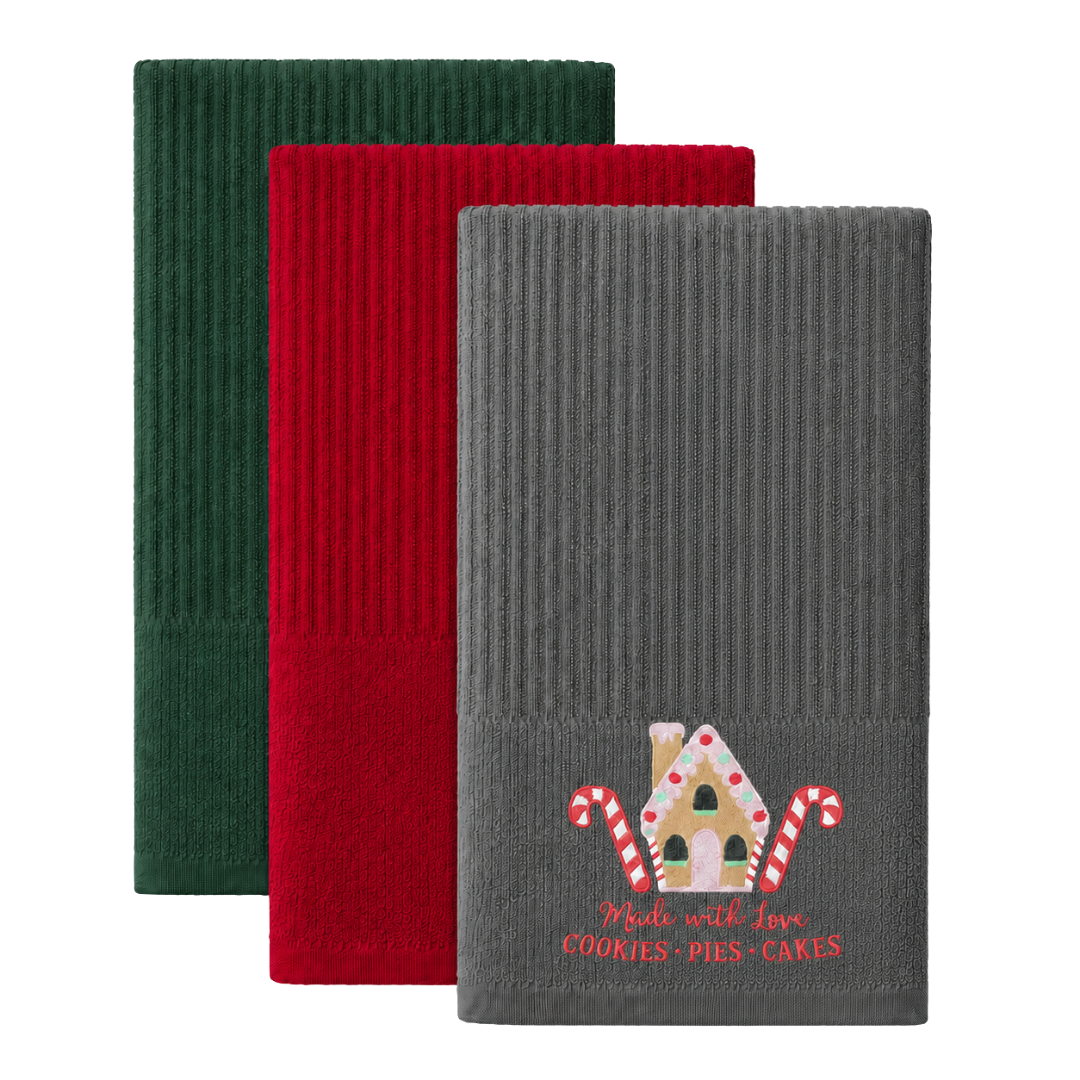 Velosso Ginegerbread House 3 Pack Cotton Christmas Embroidered Tea Towels