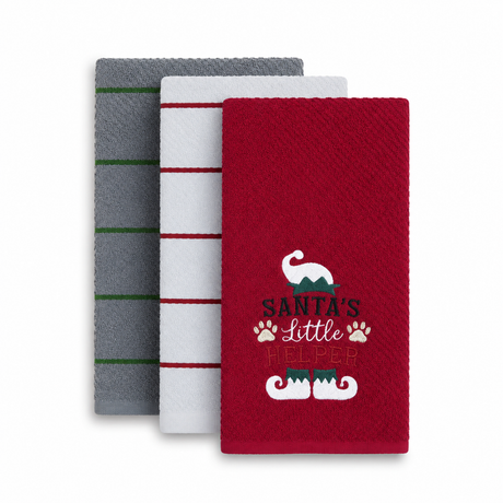 Velosso Santas Little Helper 3 Pack Cotton Christmas Embroidered Tea Towels