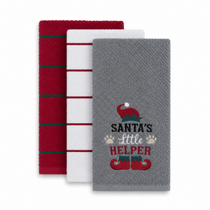 Velosso Santas Little Helper 3 Pack Cotton Christmas Embroidered Tea Towels
