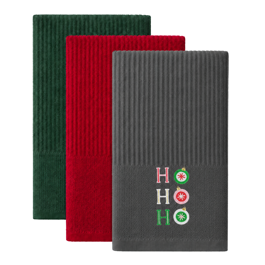 Velosso Xmas Ho Ho Ho 3 Pack Cotton Christmas Embroidered Tea Towels