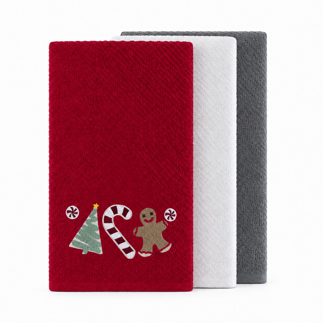 Velosso Sweet Shop 3 Pack Cotton Christmas Embroidered Tea Towels