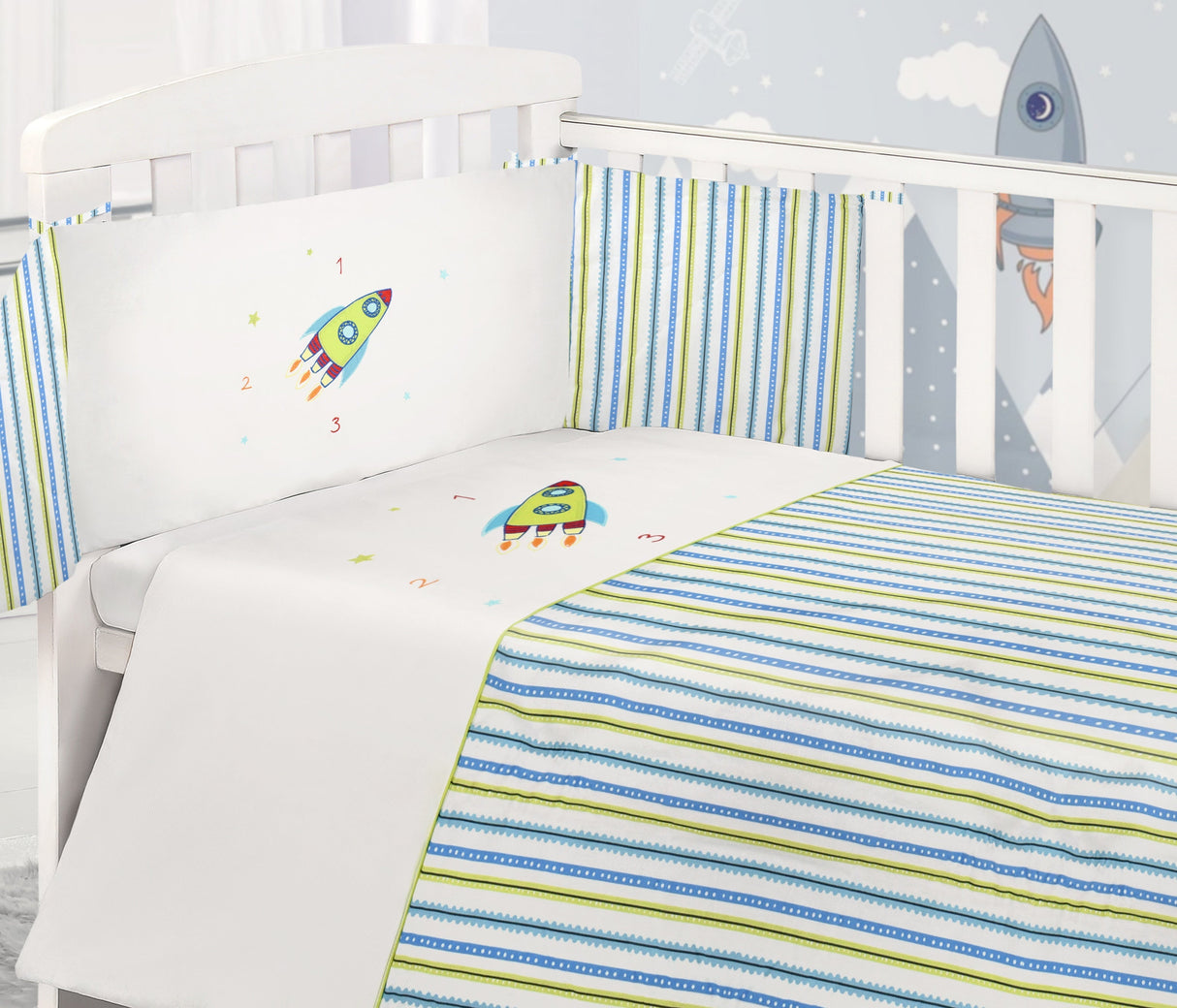My Little World Teddy Rocket 2 Piece Cot Bumper and Cover Set