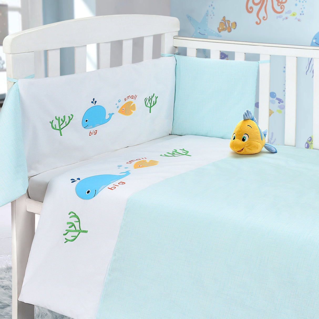 My Little World Whale 2 Piece Cot Bumper and Cover Set