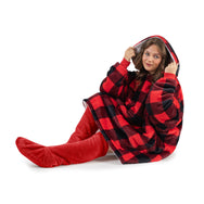 Velosso Buffalo Check Sherpa Lined Oversized Hoodie Blanket