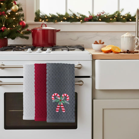 Velosso Candy Canes 3 Pack Cotton Christmas Embroidered Tea Towels