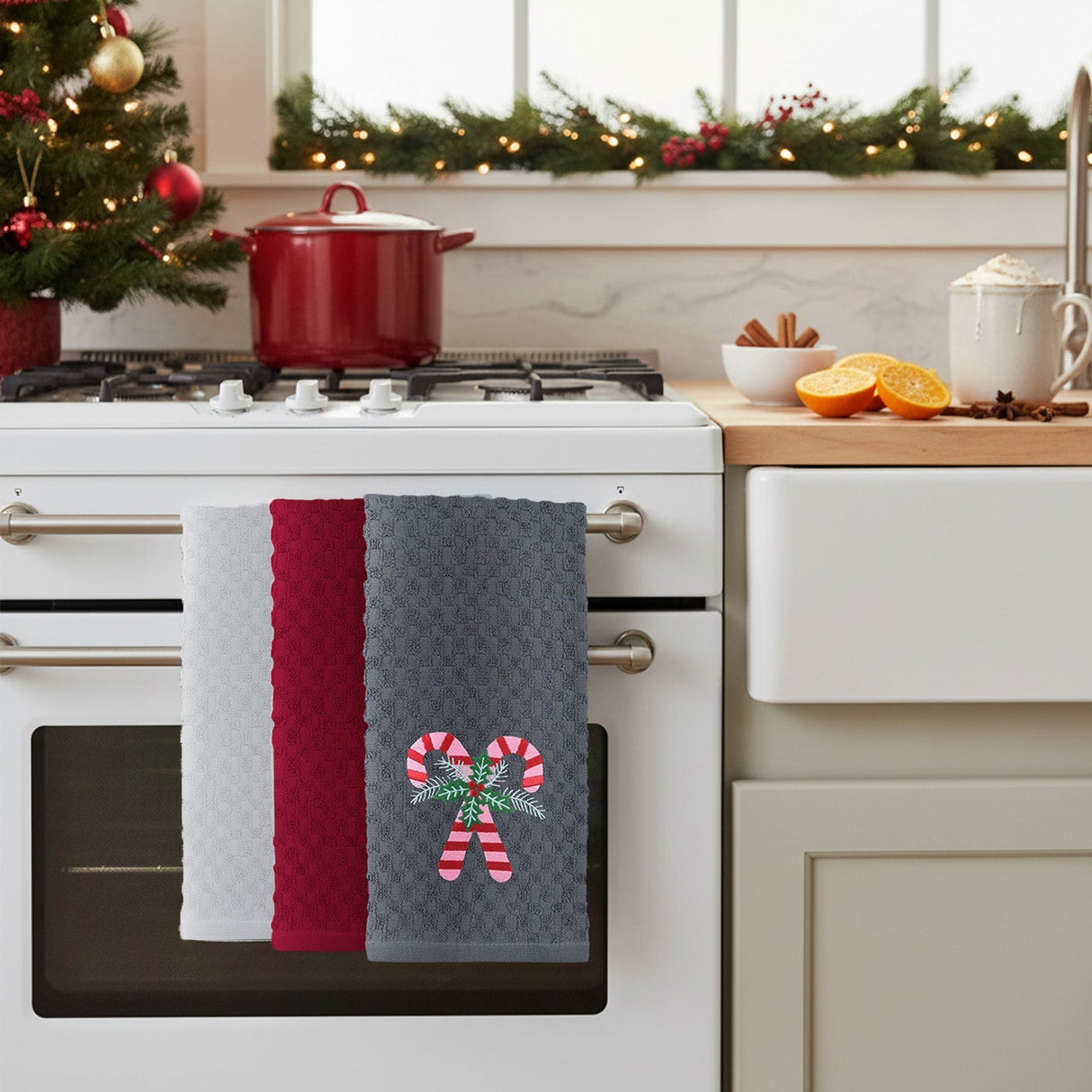 Velosso Candy Canes 3 Pack Cotton Christmas Embroidered Tea Towels