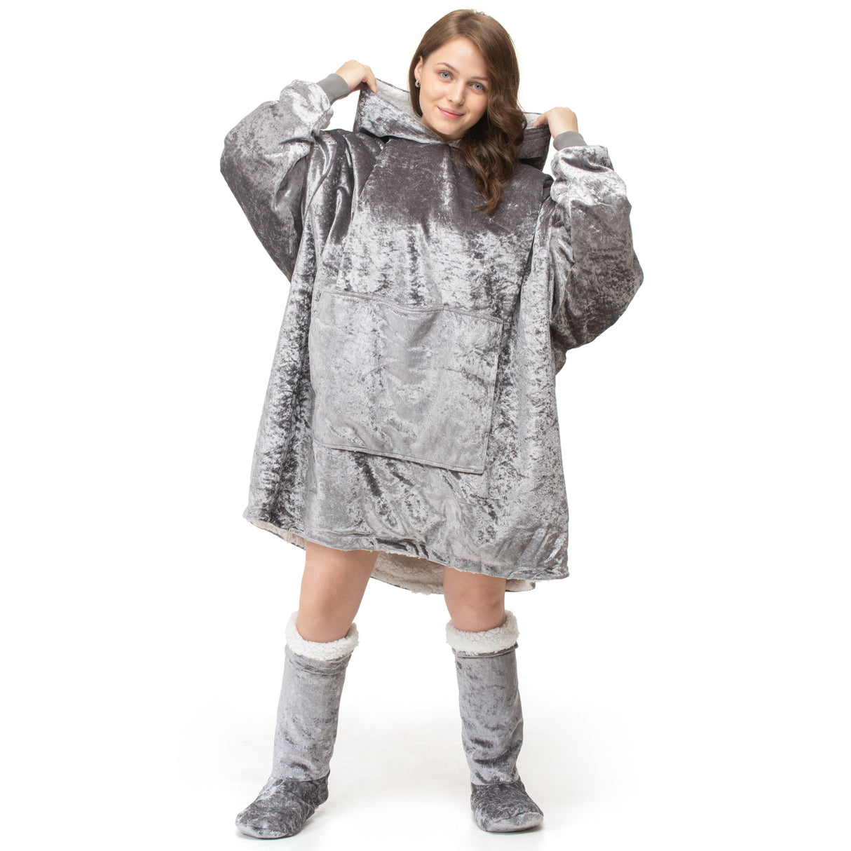 Velosso Crushed Velvet Sherpa Lined Oversized Hoodie Blanket