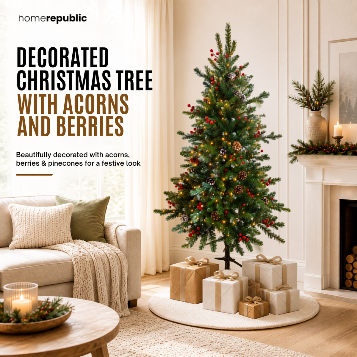 Home Republic Decorated Christmas Tree With Acorns And Berries