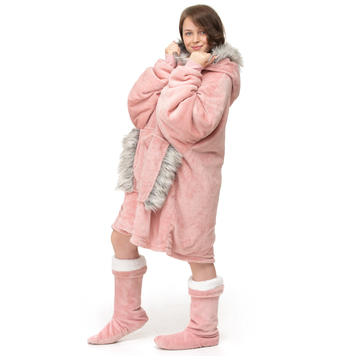 Velosso Faux Fur Trim Sherpa Lined Oversized Hoodie Blanket