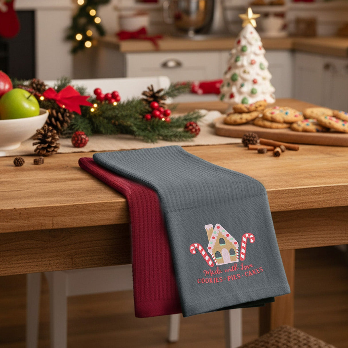 Velosso Ginegerbread House 3 Pack Cotton Christmas Embroidered Tea Towels