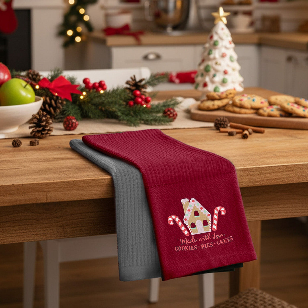 Velosso Ginegerbread House 3 Pack Cotton Christmas Embroidered Tea Towels