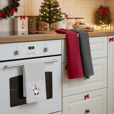 Velosso Xmas Gonks 3 Pack Cotton Christmas Embroidered Tea Towels