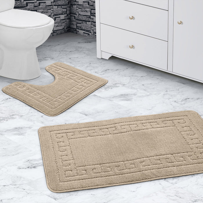Greek Key Beige Bath & Pedestal Mat Set Anti-Slip Polypropylene