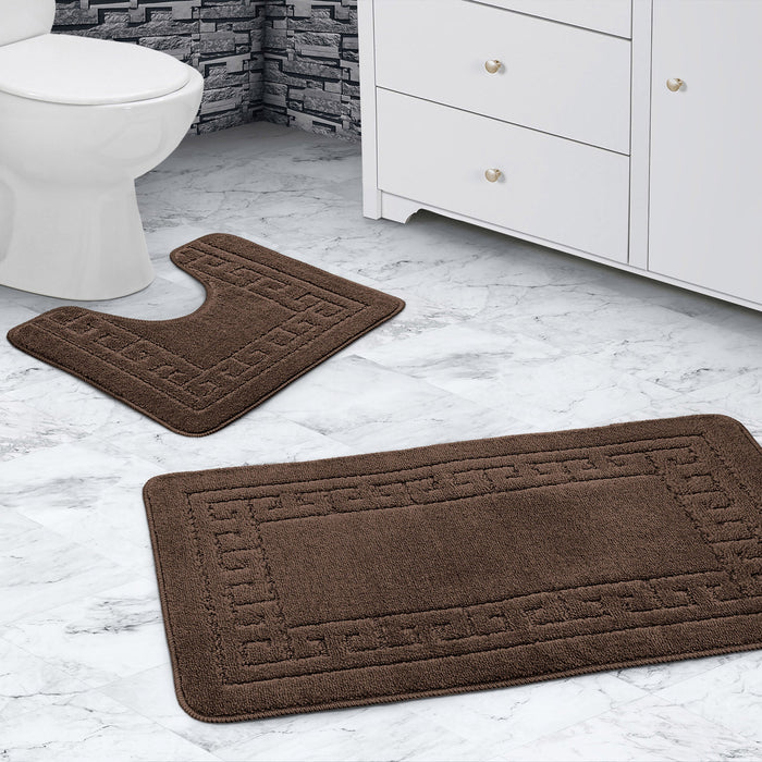 Greek Key Chocolate Bath & Pedestal Mat Set Anti-Slip Polypropylene