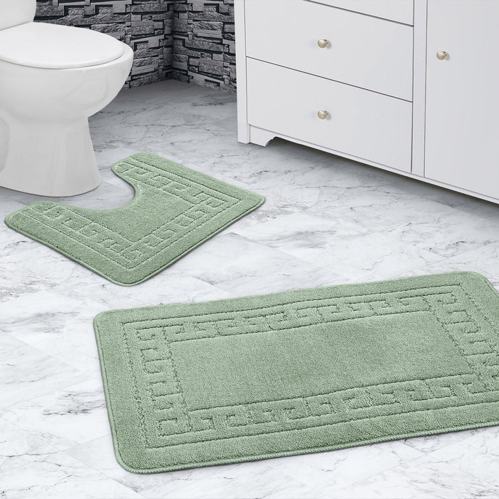 Greek Key Sage Bath & Pedestal Mat Set Anti-Slip Polypropylene