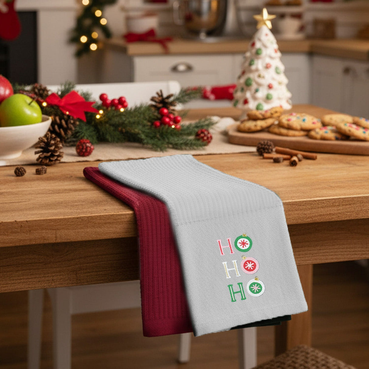 Velosso Xmas Ho Ho Ho 3 Pack Cotton Christmas Embroidered Tea Towels