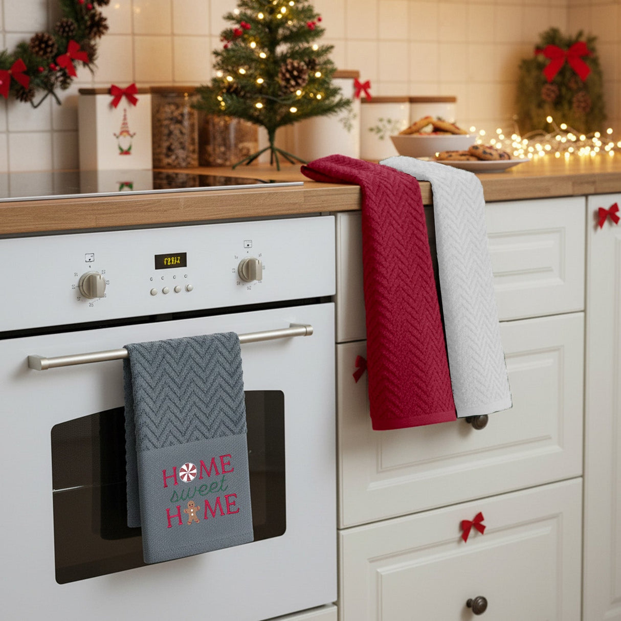 Velosso Home Sweet Home 3 Pack Cotton Christmas Embroidered Tea Towels