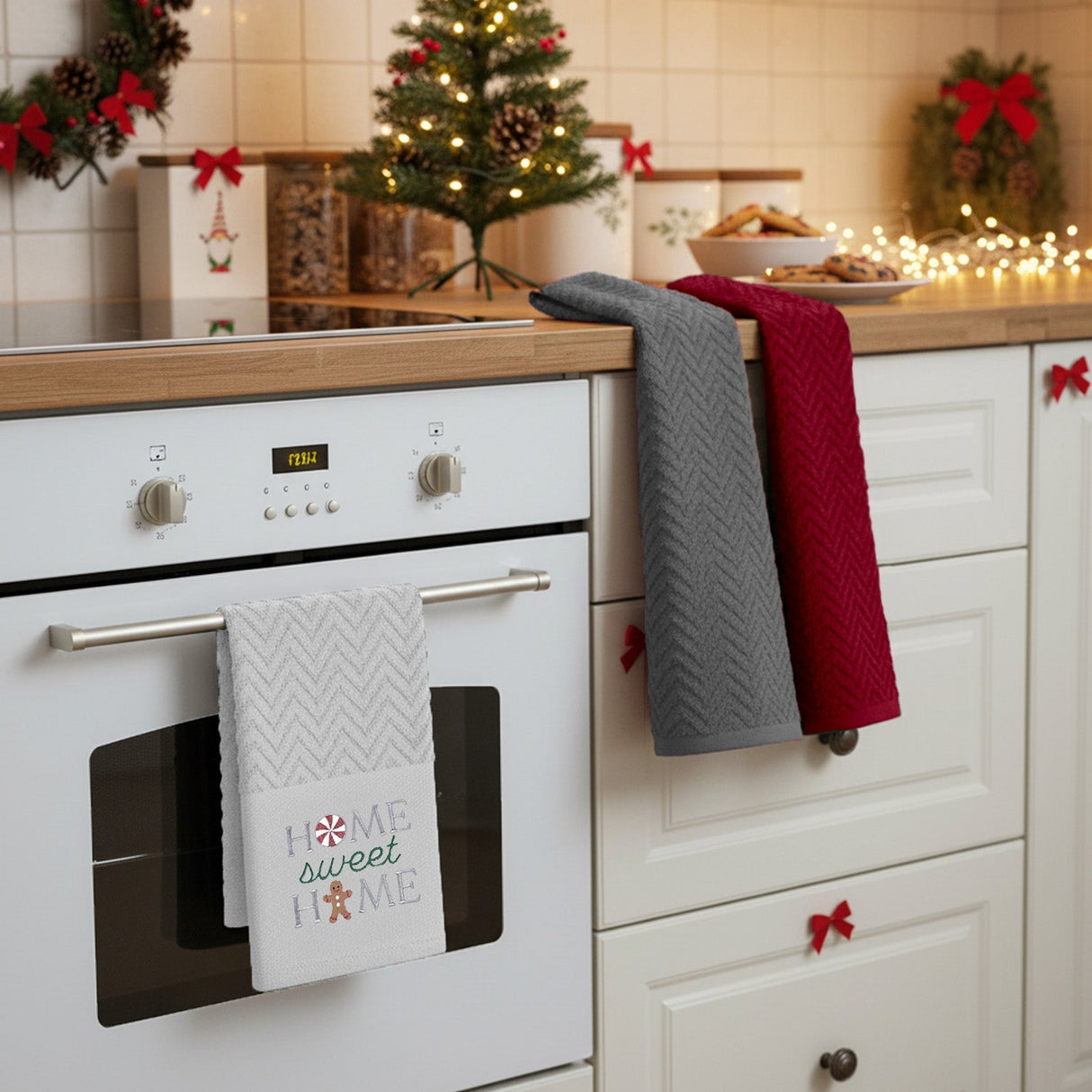Velosso Home Sweet Home 3 Pack Cotton Christmas Embroidered Tea Towels