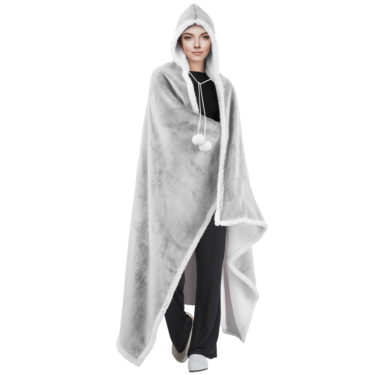 Velosso Pom Pom Sherpa Lined Oversized Hooded Wrap