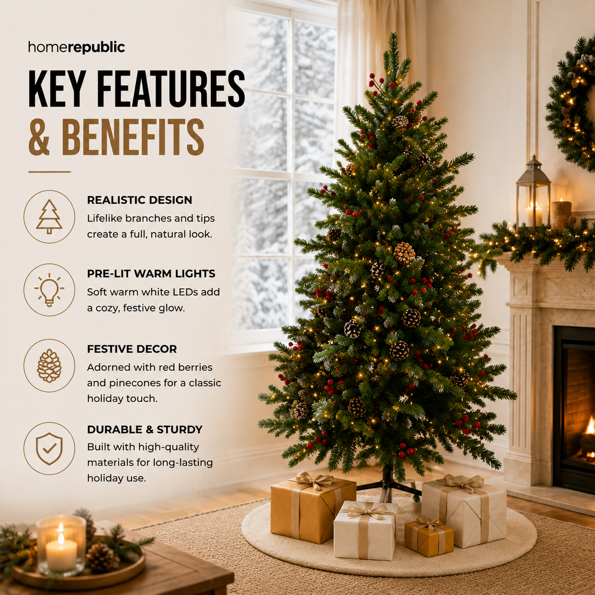 Home Republic Decorated Christmas Tree With Acorns And Berries