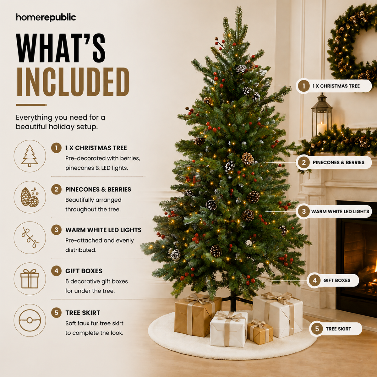 Home Republic Decorated Christmas Tree With Acorns And Berries