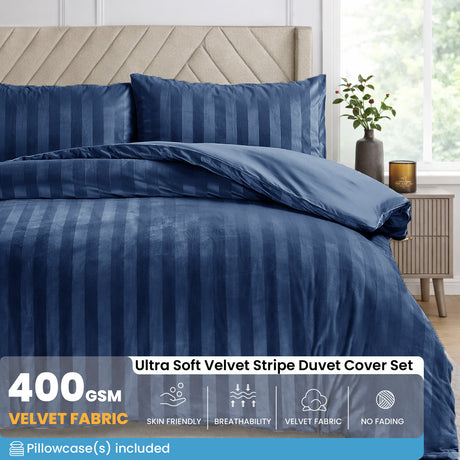Velosso Oslo Luxury Velvet Stripe Duvet Cover and Pillowcase Set