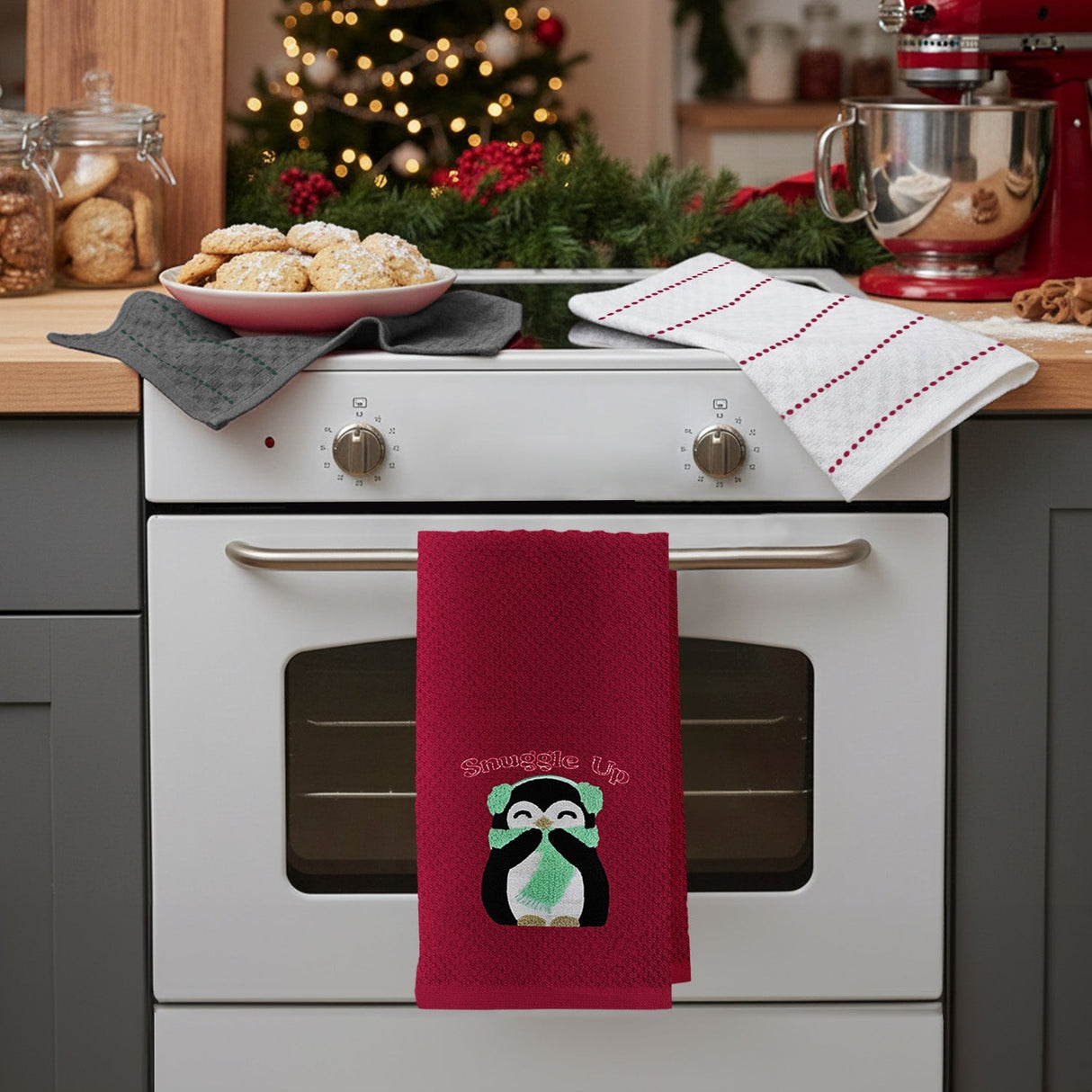 Velosso Penguins 3 Pack Cotton Christmas Embroidered Tea Towels