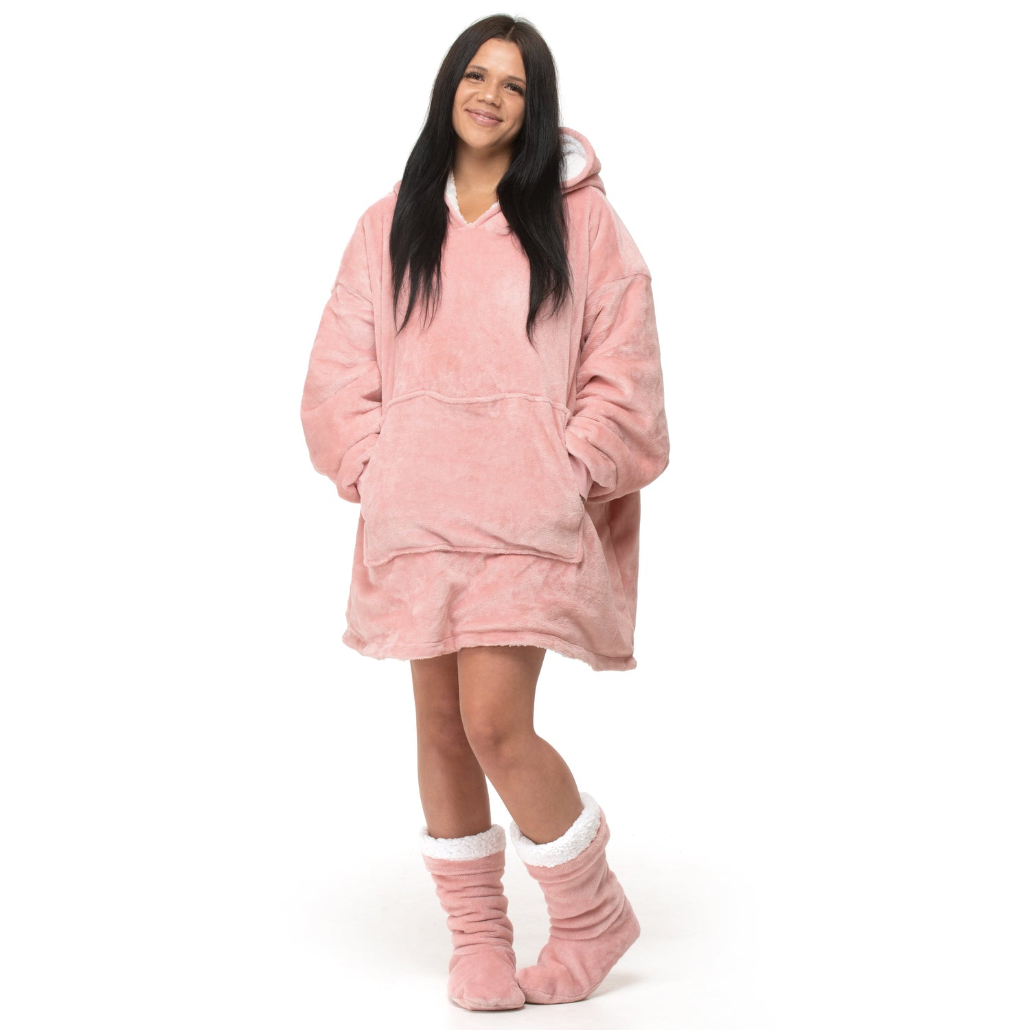 Velosso Plain Flannel Sherpa Lined Oversize Hoodie Blanket