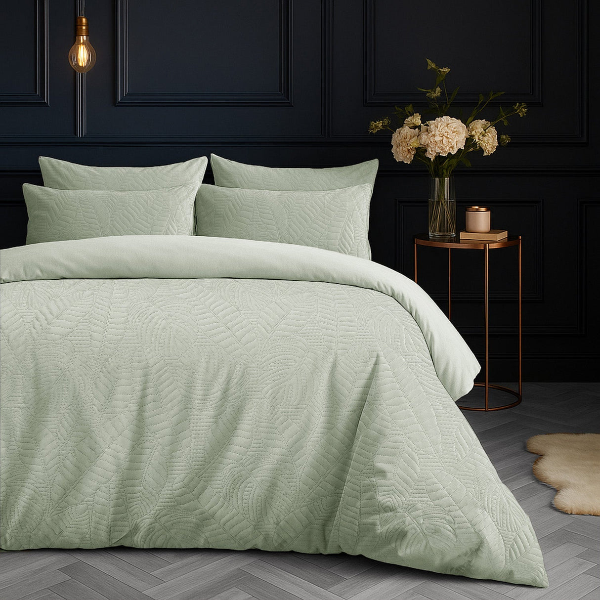 Velosso Savannah Velvet Embossed Leaf Pattern Duvet Cover and Pillowcase Set