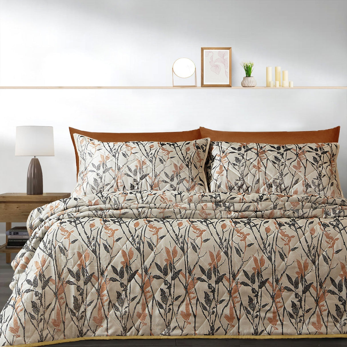 Velosso Wilder Jacquard Leaves Trail Quilted Bedspread Set