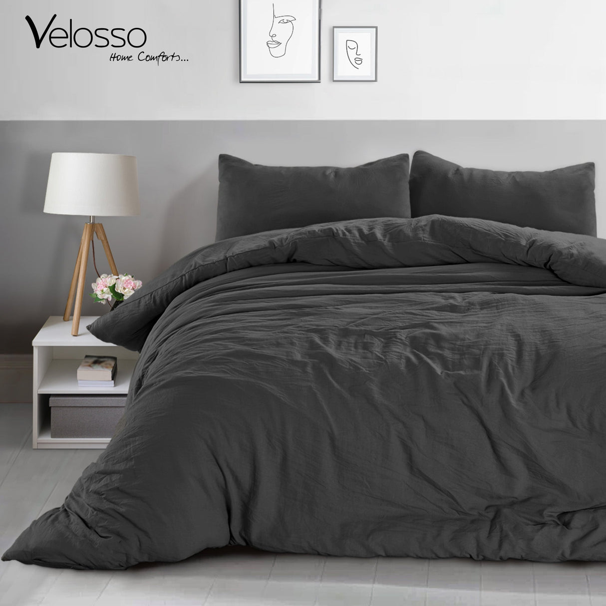 Velosso Washed Linen Look Duvet Cover & Pillowcase Set