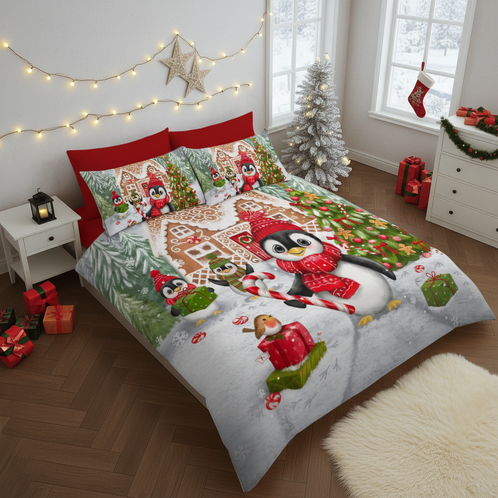 Velosso Sweet Penguin Candy Cane Duvet Cover and Pillowcase Set