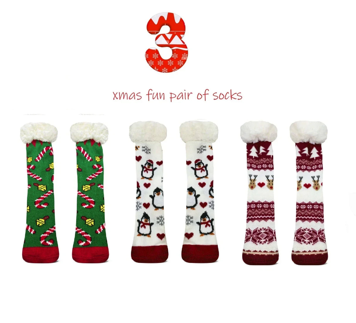 Velosso 3 Pack Cosy Christmas Sherpa Lined Socks