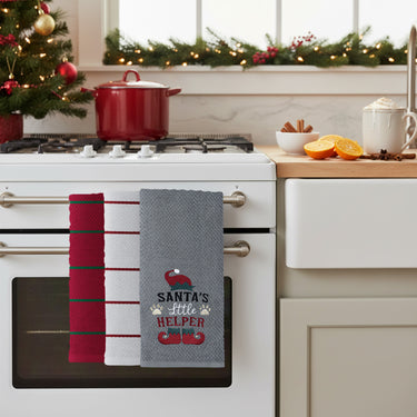 Santas Little Helper 3 Pack Cotton Christmas Embroidered Tea Towels