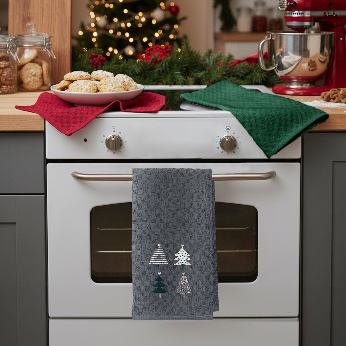 Velosso Xmas Trees 3 Pack Cotton Christmas Embroidered Tea Towels
