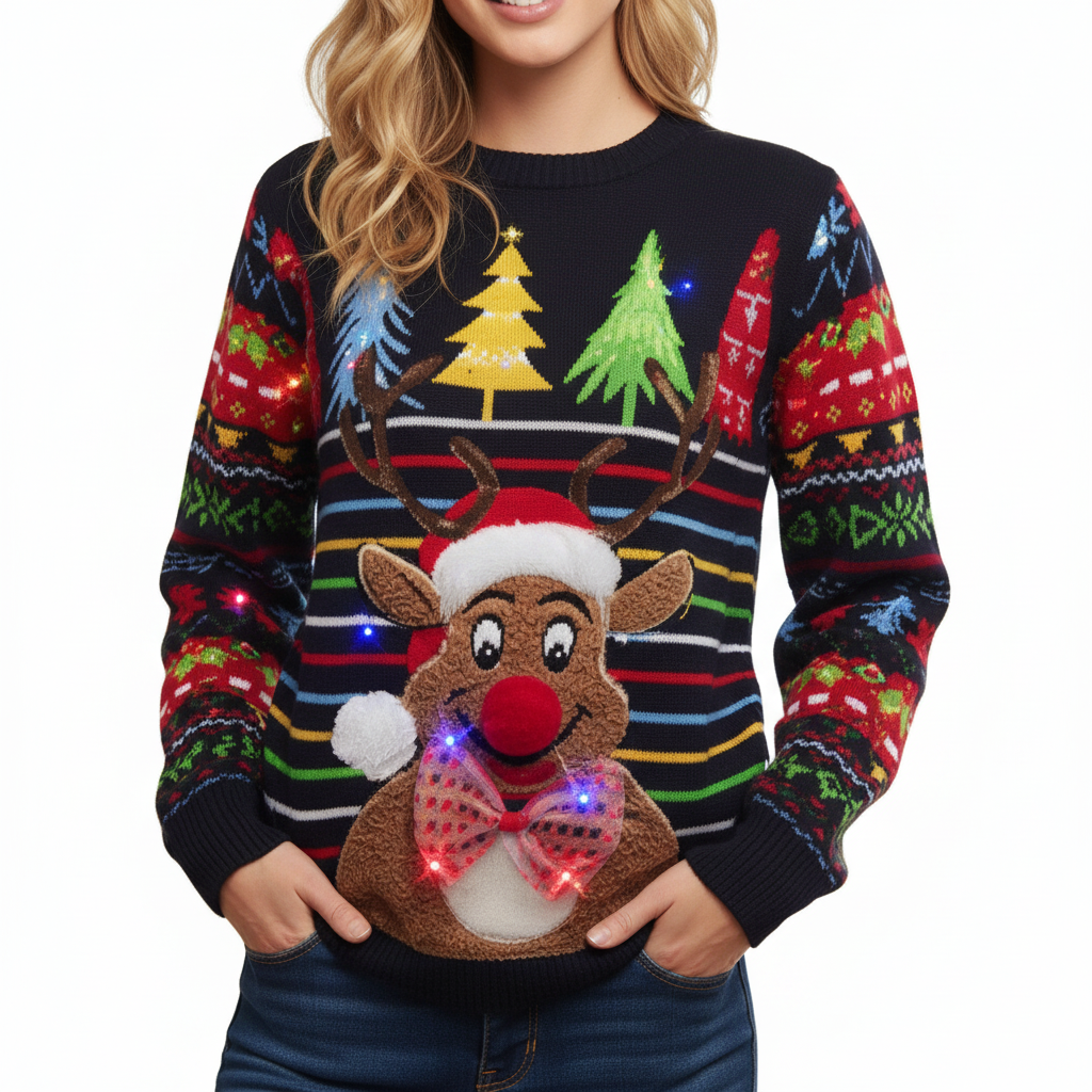 Velosso Fun Christmas Light Up Reindeer Stripe Jumper