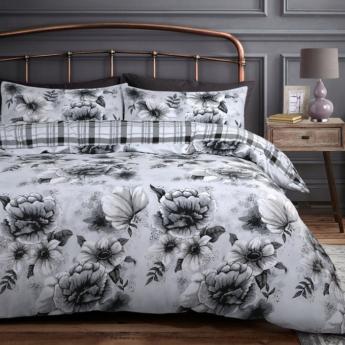 Cassia Floral Grey Reversible Duvet Cover & Pillowcase Set