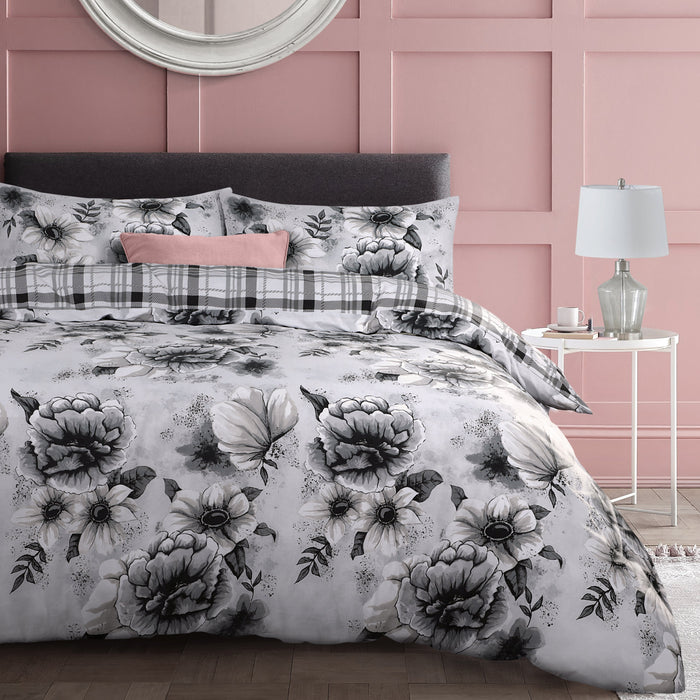 Cassia Floral Grey Reversible Duvet Cover & Pillowcase Set
