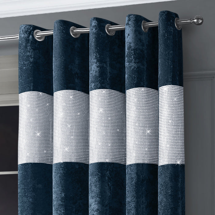 Diamante Navy Crushed Velvet Ready Made Eyelet Curtains