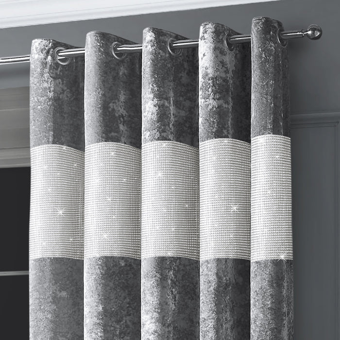 Diamante Silver Crushed Velvet Ready Made Eyelet Curtains