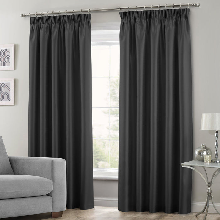 Faux Silk Black Pencil Pleat Curtains