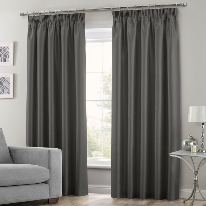 Charcoal Faux Silk Pencil Pleat Curtains