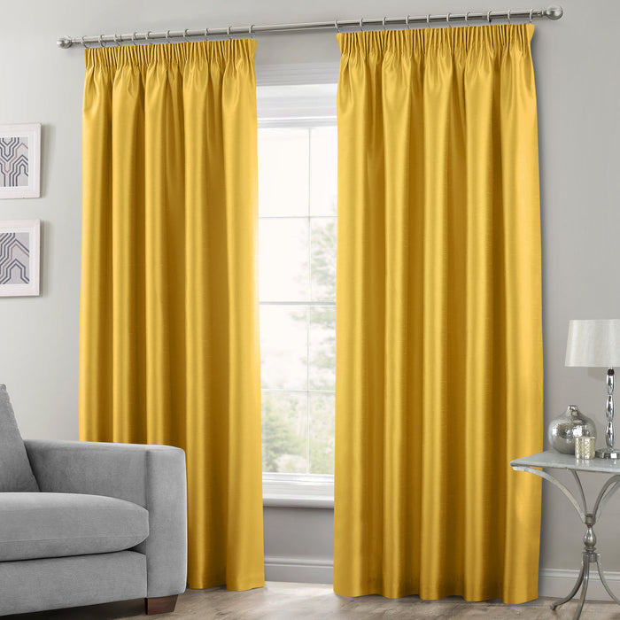 Faux Silk Ochre Yellow Pencil Pleat Curtains
